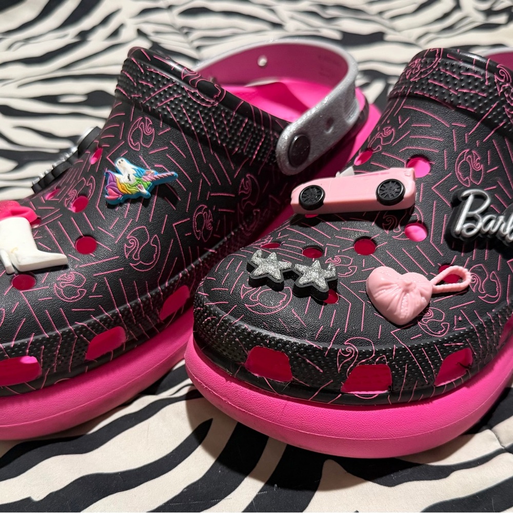 CROCS Black and Pink Barbie Platform Clogs with Charms